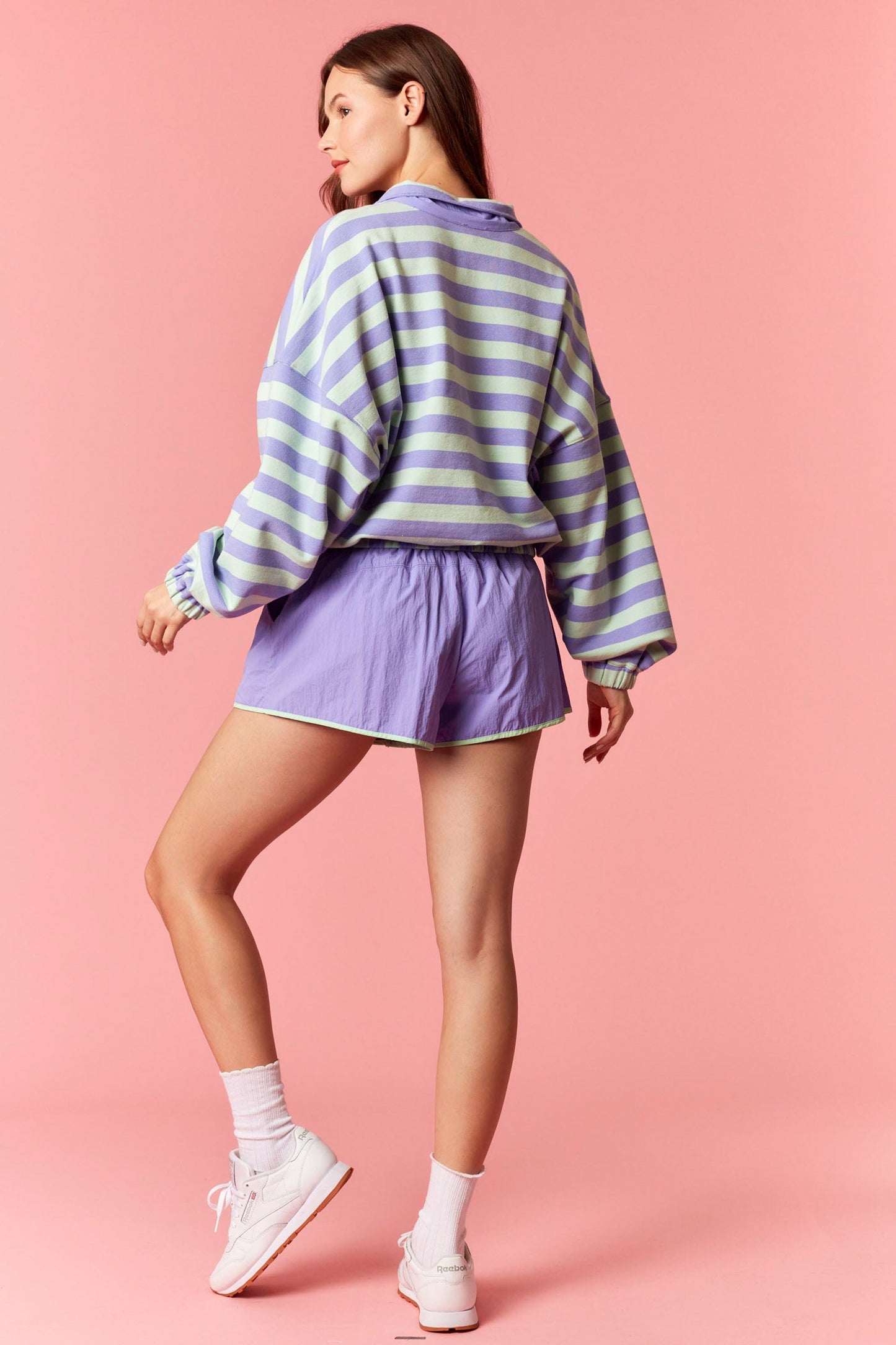 Stripe French Terry Semi Button Up Top - Purple/Mint