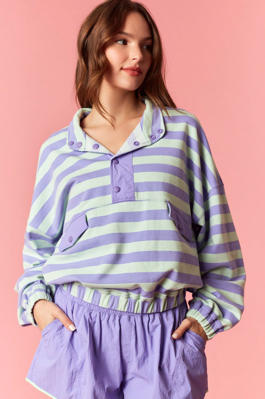 Stripe French Terry Semi Button Up Top - Purple/Mint