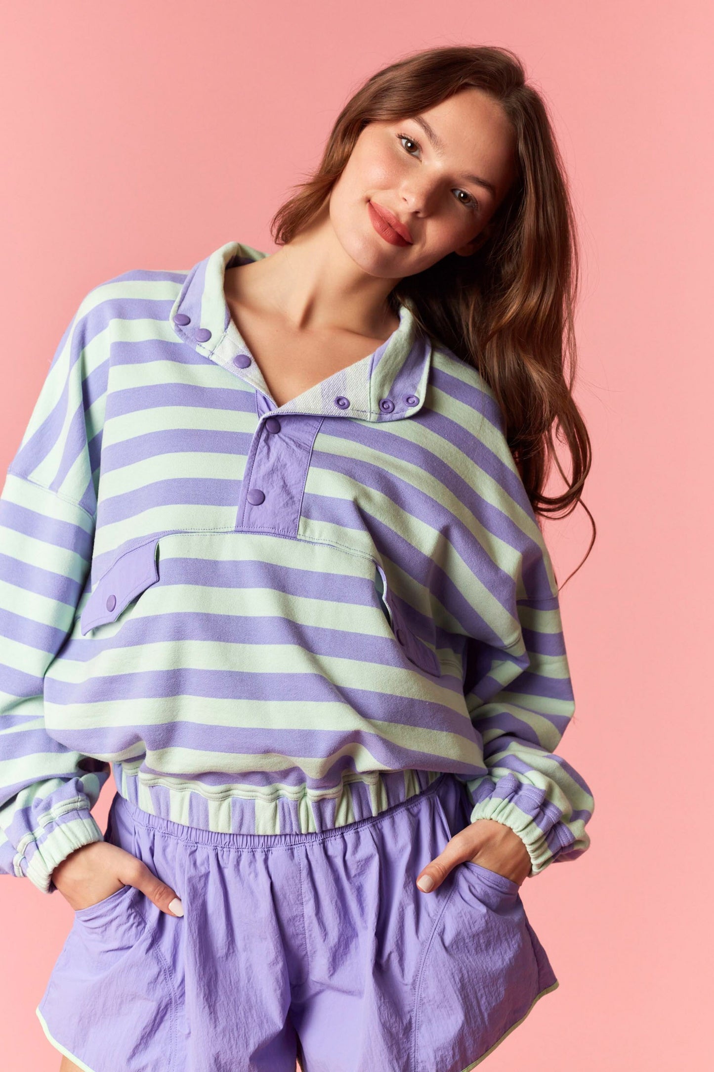 Stripe French Terry Semi Button Up Top - Purple/Mint