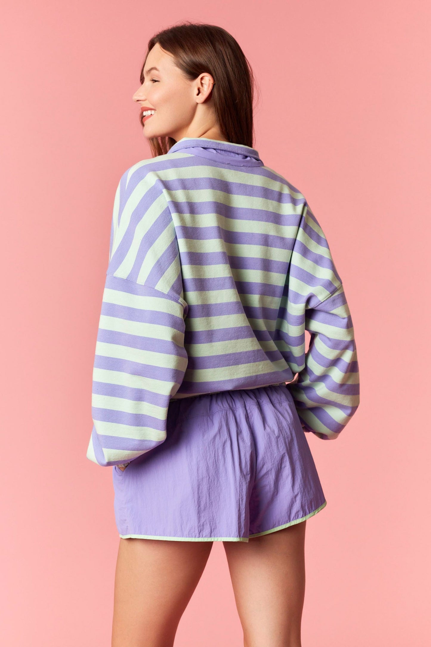 Stripe French Terry Semi Button Up Top - Purple/Mint