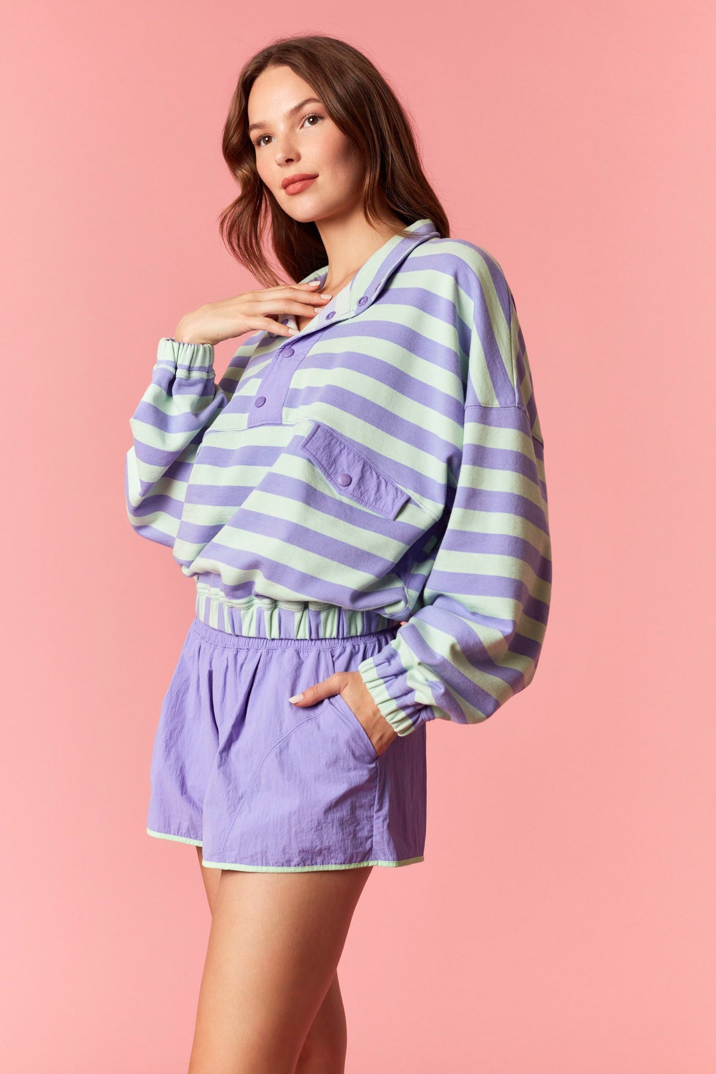 Stripe French Terry Semi Button Up Top - Purple/Mint