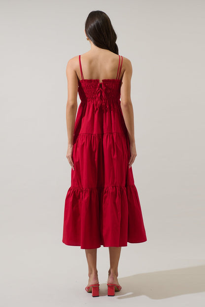 Gennie Smocked Tiered Midi Dress - Red