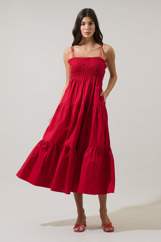 Gennie Smocked Tiered Midi Dress - Red