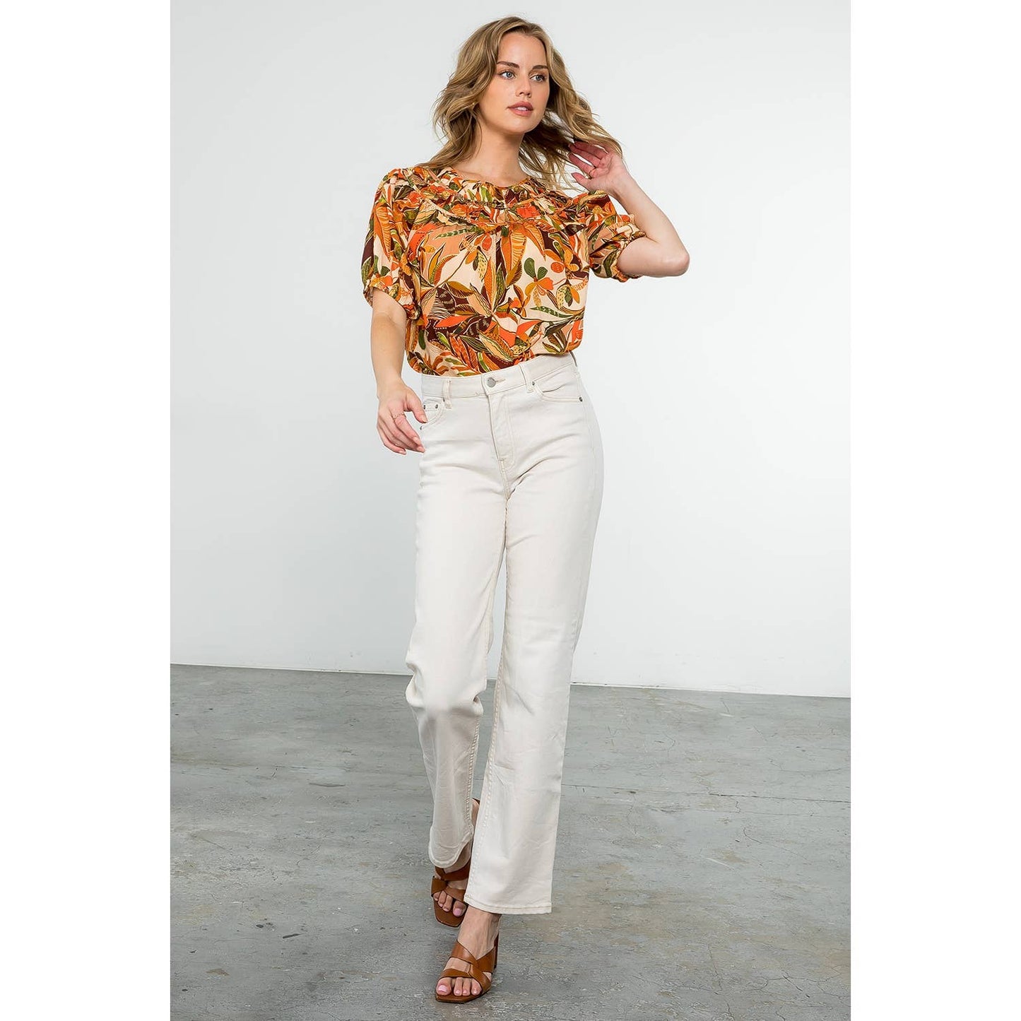 Puff Sleeve Floral Top - Beige