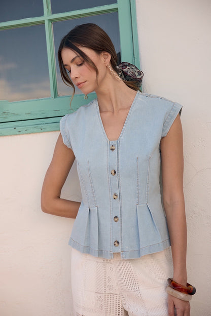 Stretch Denim Pleated Button Down Blouse Top - Light Denim