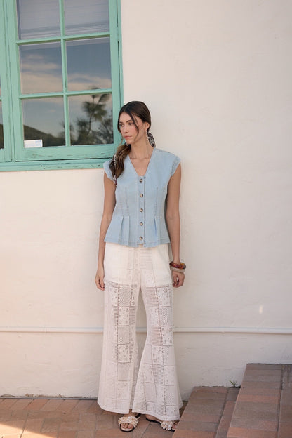 Stretch Denim Pleated Button Down Blouse Top - Light Denim