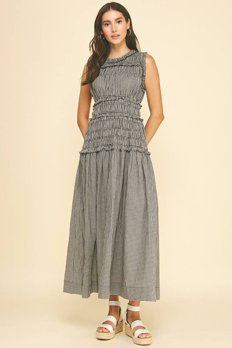 Gingham Shirring Detailed Maxi Dress - Black