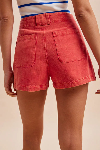 Washed Pleated Shorts - Red