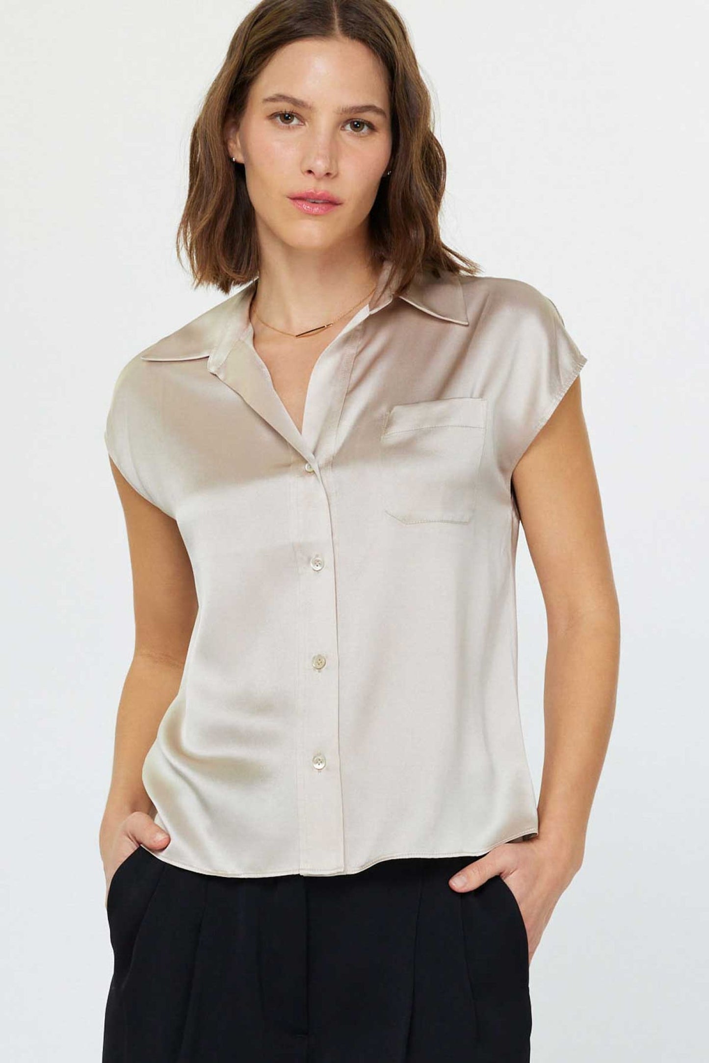 Silk Cap Sleeve Button Down Blouse - Champagne