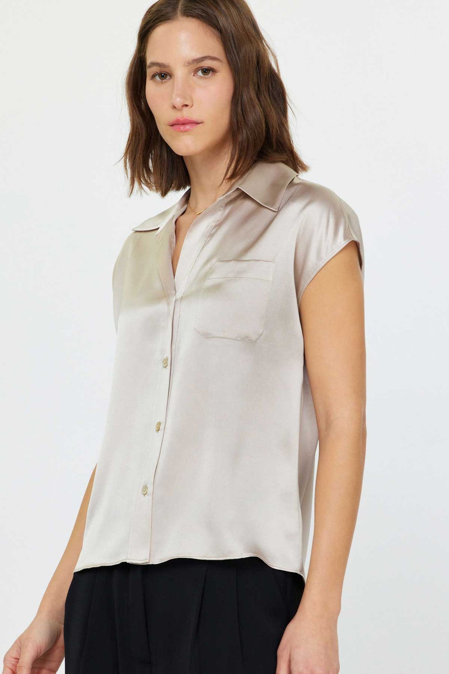 Silk Cap Sleeve Button Down Blouse - Champagne