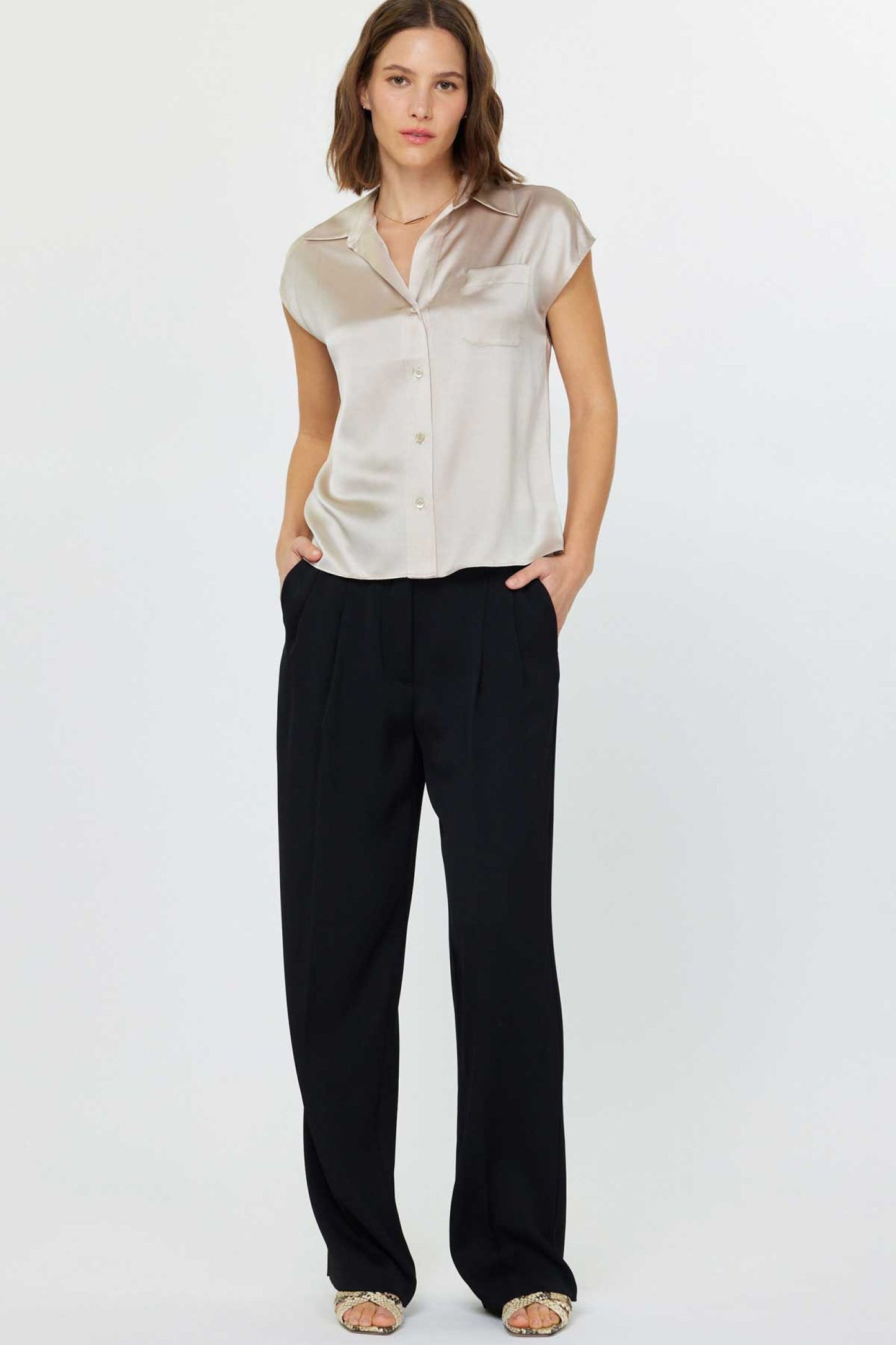 Silk Cap Sleeve Button Down Blouse - Champagne