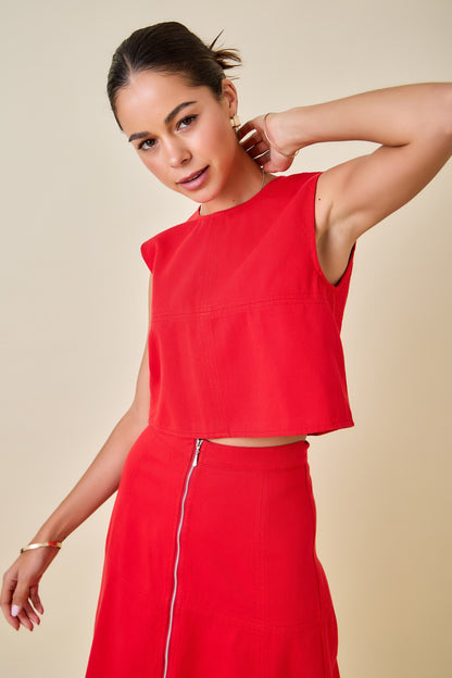 Denim Crop Top w/ Back Zipper - Red