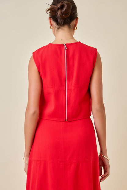 Denim Crop Top w/ Back Zipper - Red