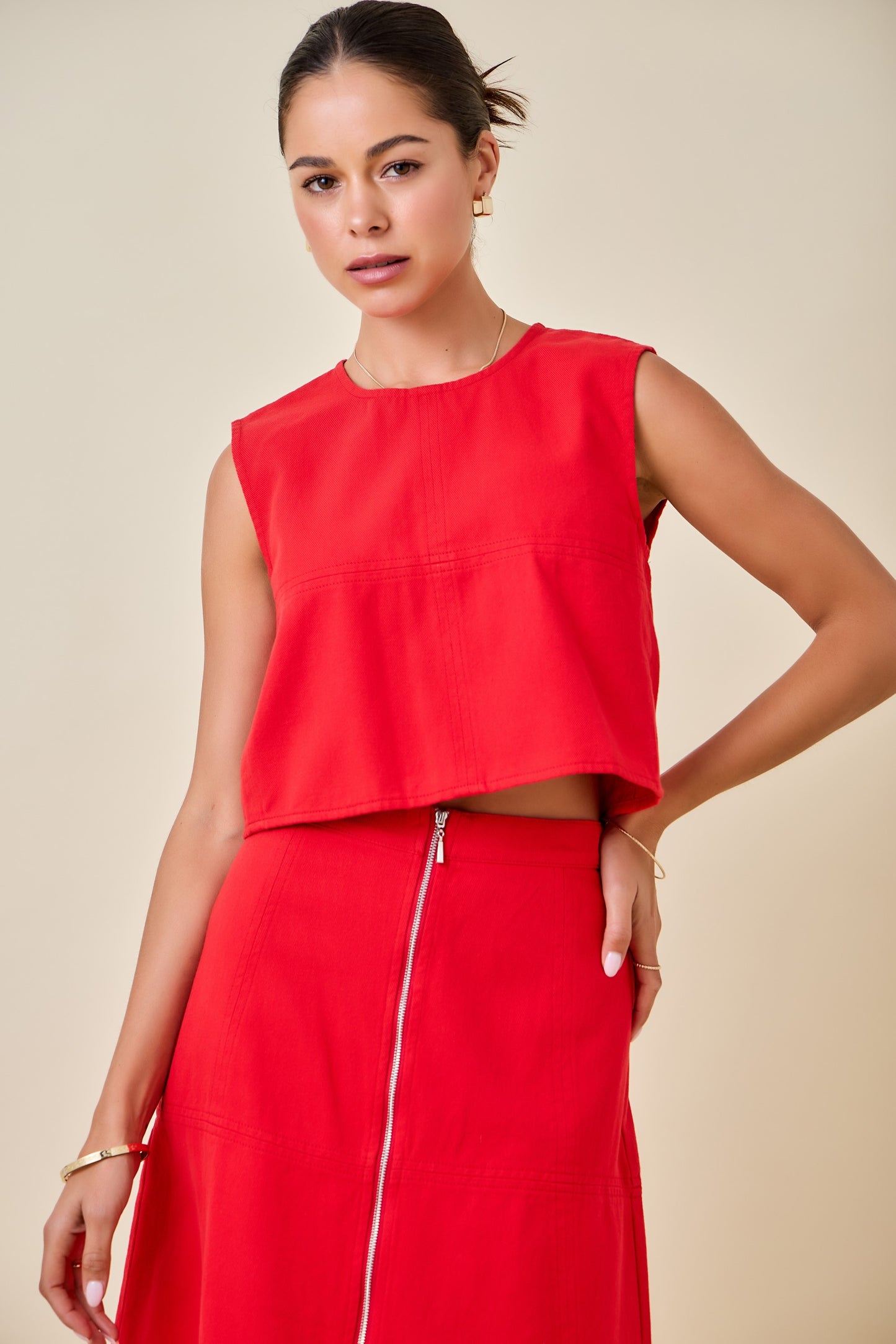 Denim Crop Top w/ Back Zipper - Red
