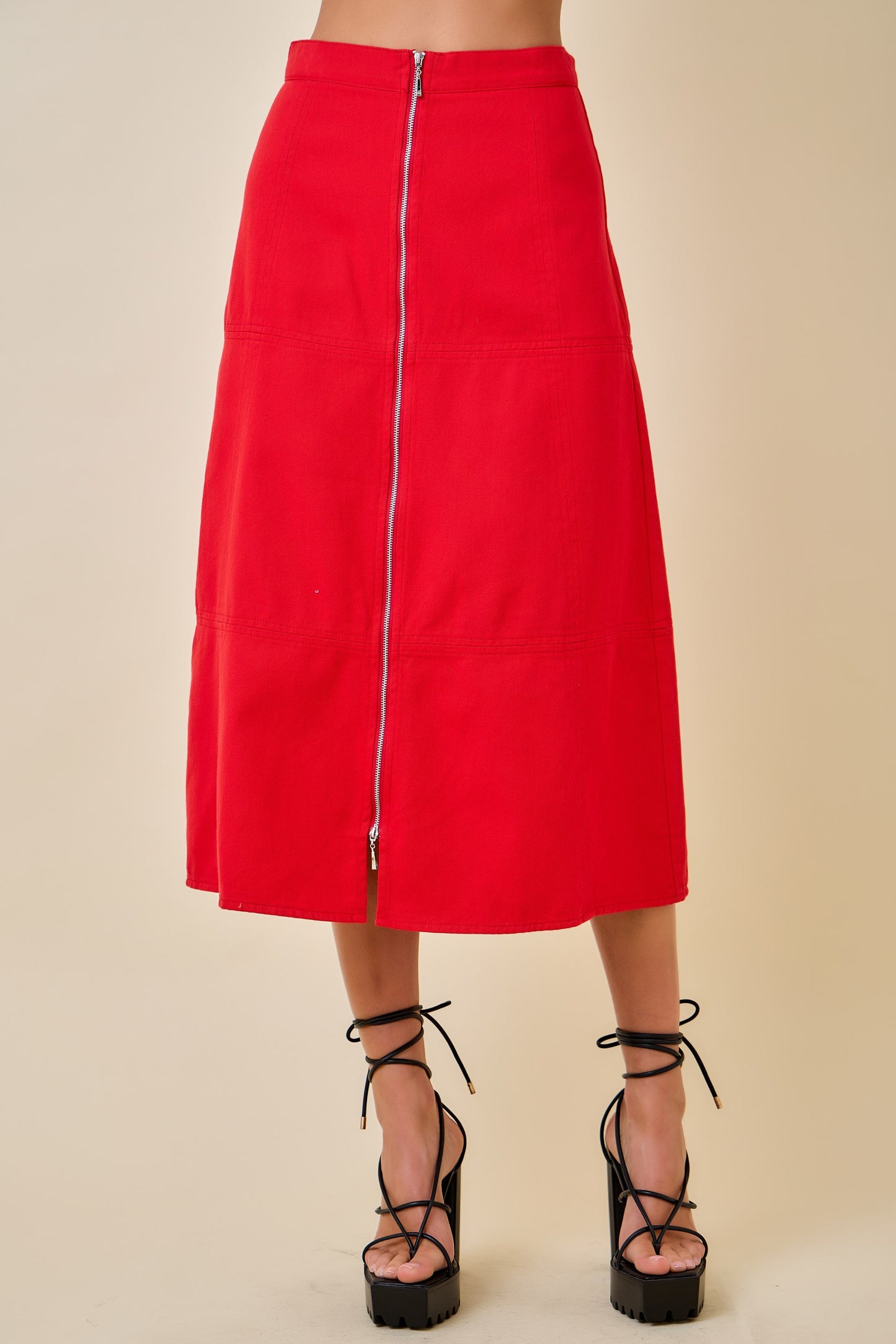 Front Zip Denim Midi Skirt - Red