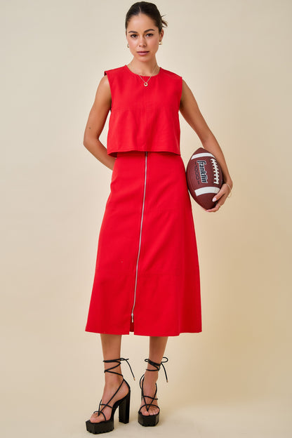Front Zip Denim Midi Skirt - Red