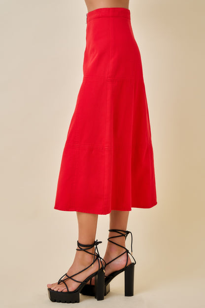 Front Zip Denim Midi Skirt - Red