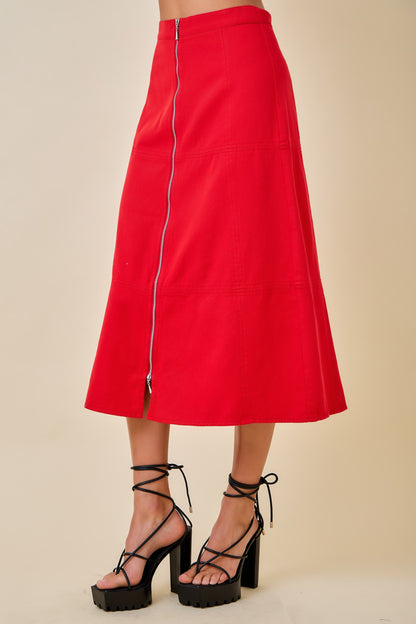 Front Zip Denim Midi Skirt - Red