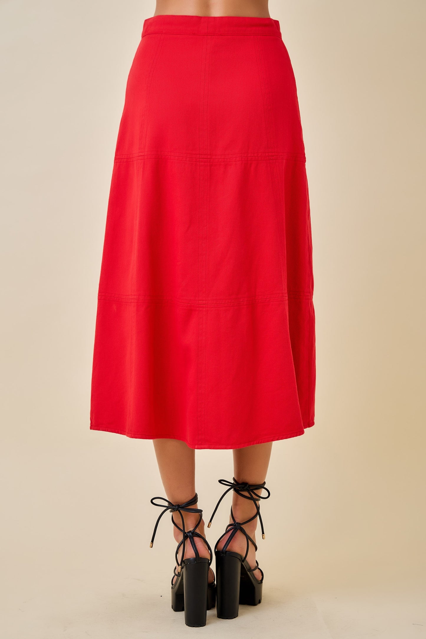 Front Zip Denim Midi Skirt - Red
