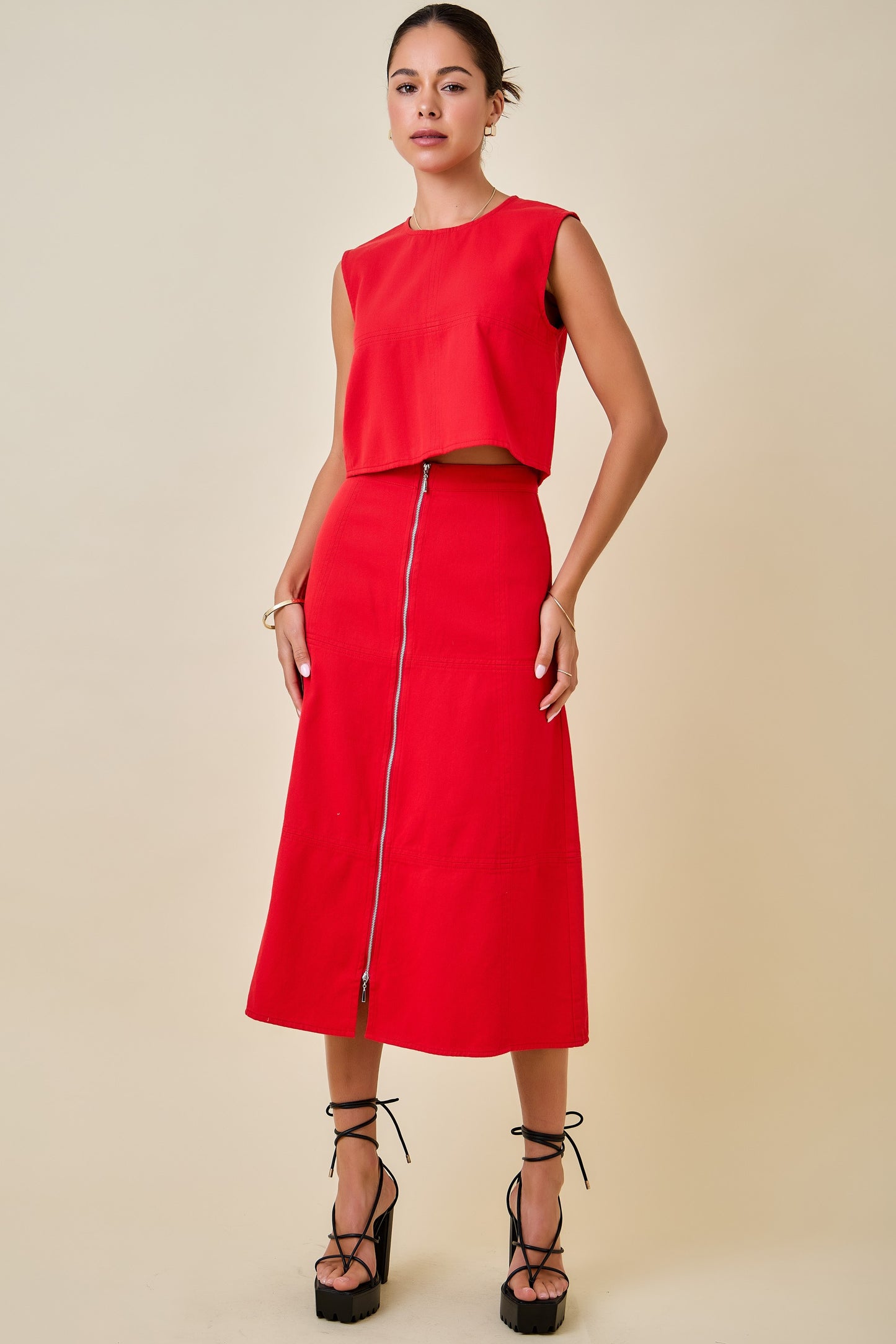 Front Zip Denim Midi Skirt - Red