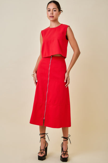 Front Zip Denim Midi Skirt - Red