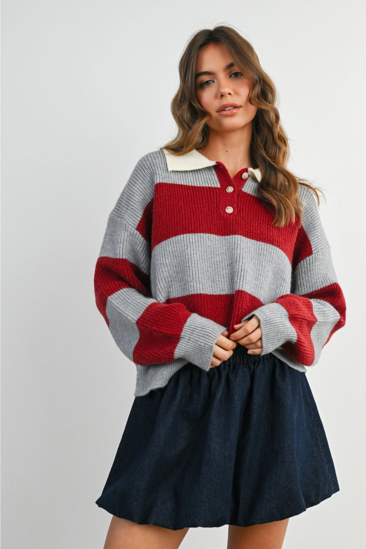 Buttoned Striped Collared Long Sleeve Top - Grey/Burgundy
