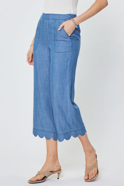 Scallop Hem Wide Leg Pants - Chambray
