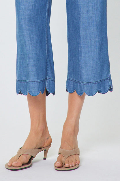 Scallop Hem Wide Leg Pants - Chambray