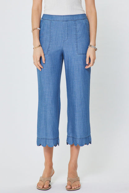 Scallop Hem Wide Leg Pants - Chambray