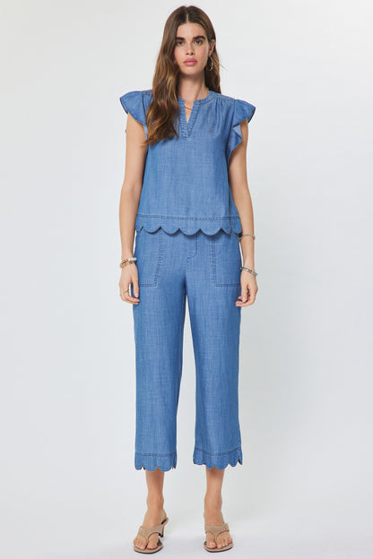 Scallop Hem Wide Leg Pants - Chambray
