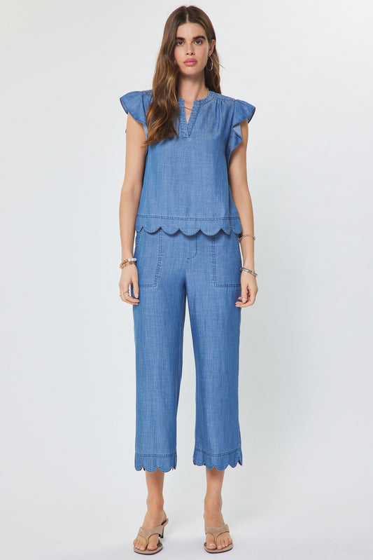 Scallop Hem Wide Leg Pants - Chambray