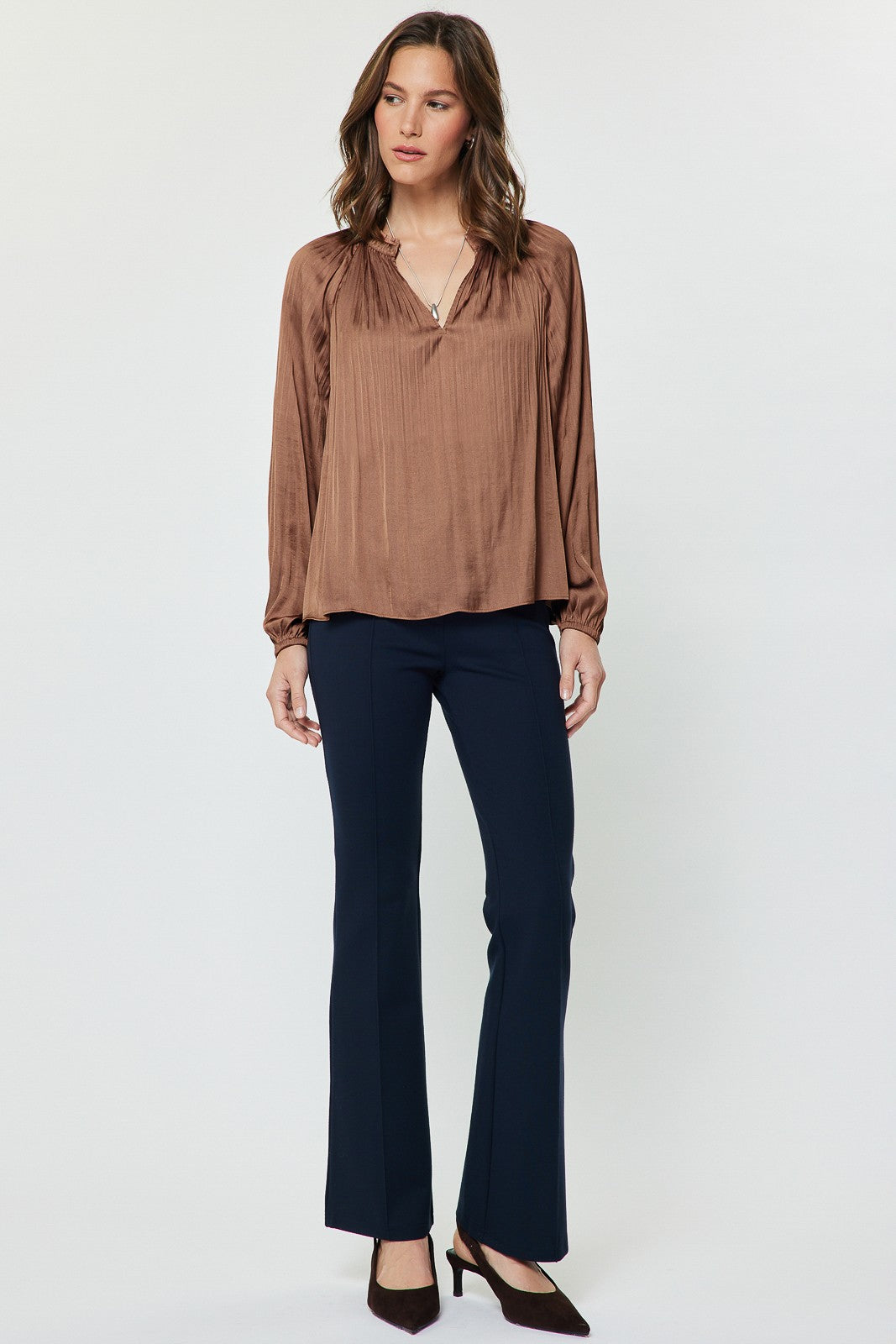 Pleated Long Sleeve Blouse - Mocha Mousse