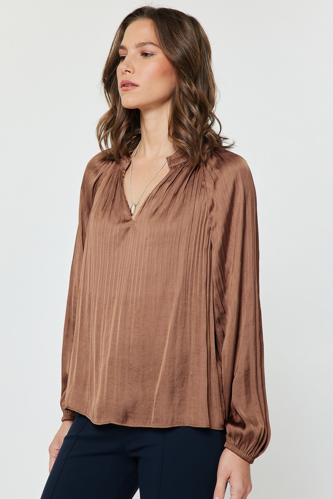 Pleated Long Sleeve Blouse - Mocha Mousse