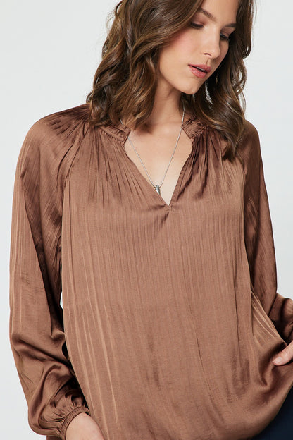 Pleated Long Sleeve Blouse - Mocha Mousse