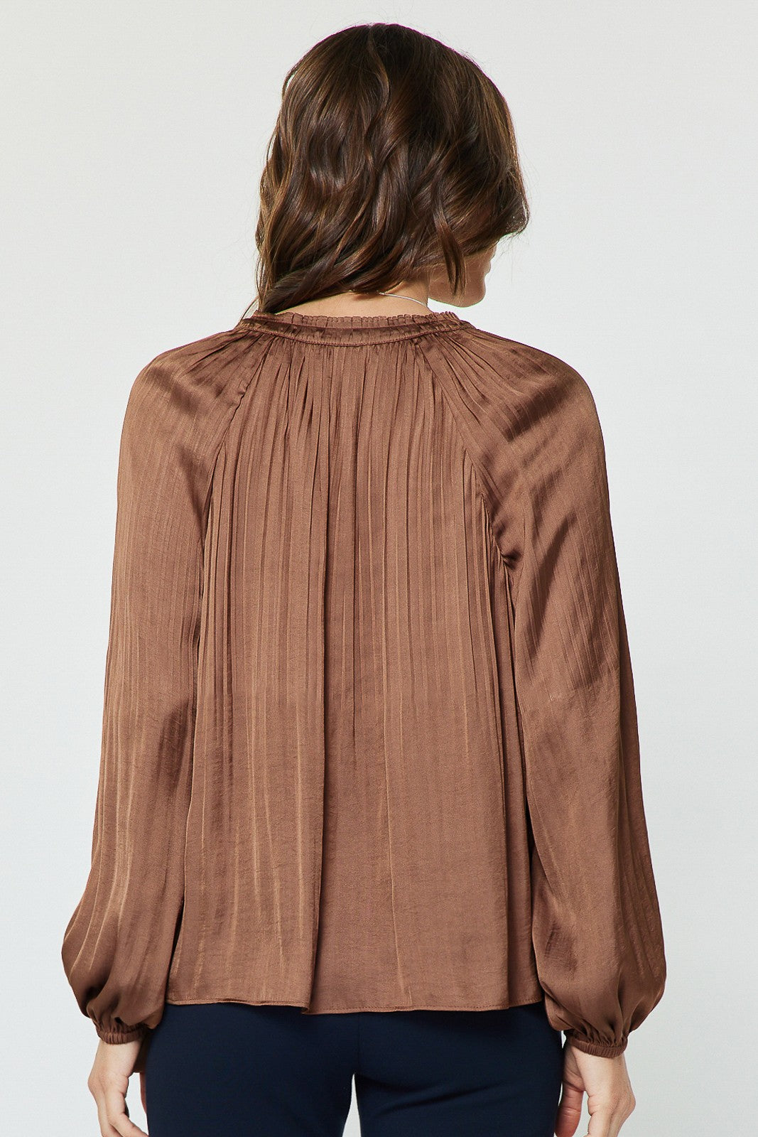Pleated Long Sleeve Blouse - Mocha Mousse