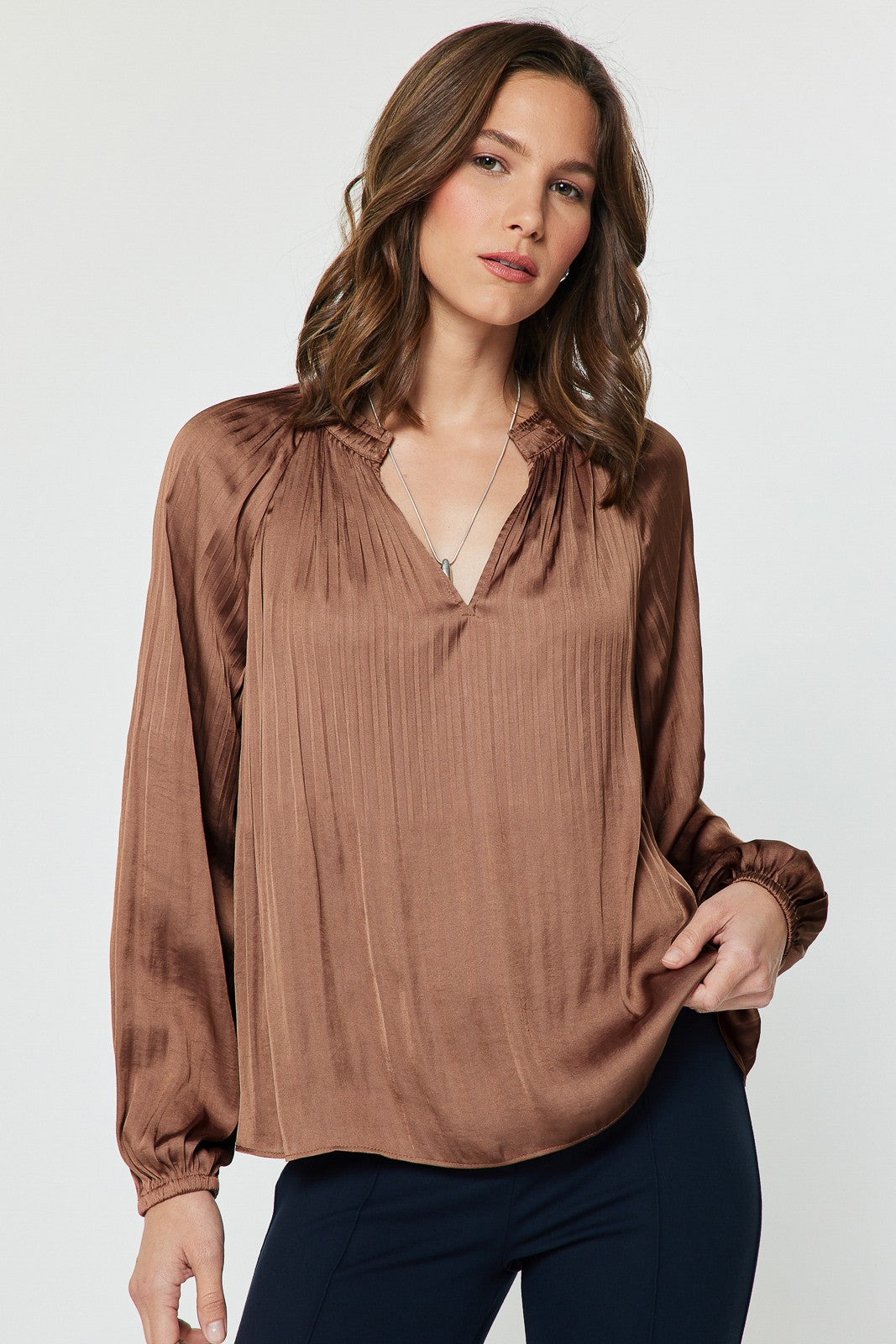 Pleated Long Sleeve Blouse - Mocha Mousse