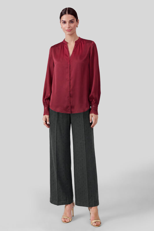 Lace Detail V-Neck Long Sleeve Blouse Top - Red