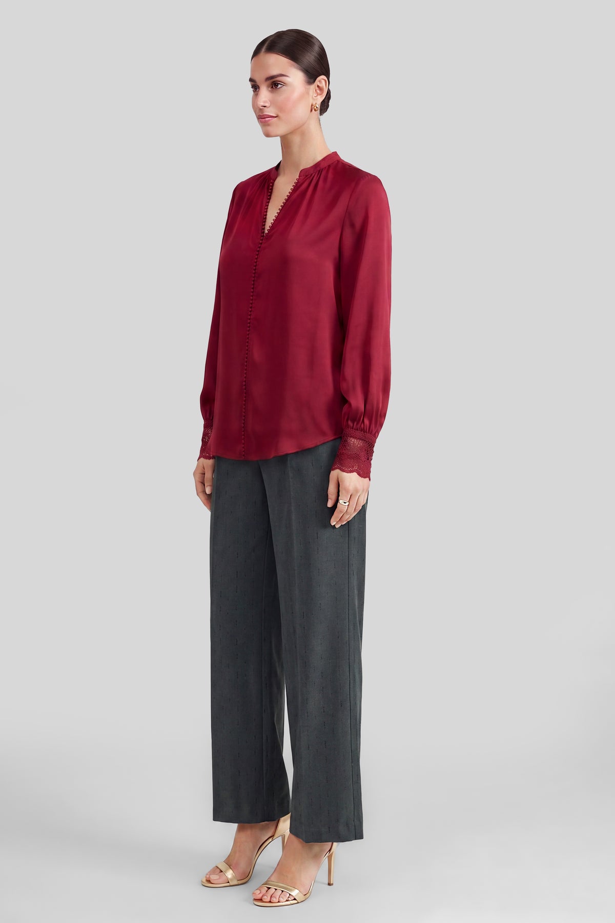 Lace Detail V-Neck Long Sleeve Blouse Top - Red