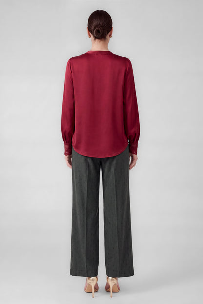 Lace Detail V-Neck Long Sleeve Blouse Top - Red