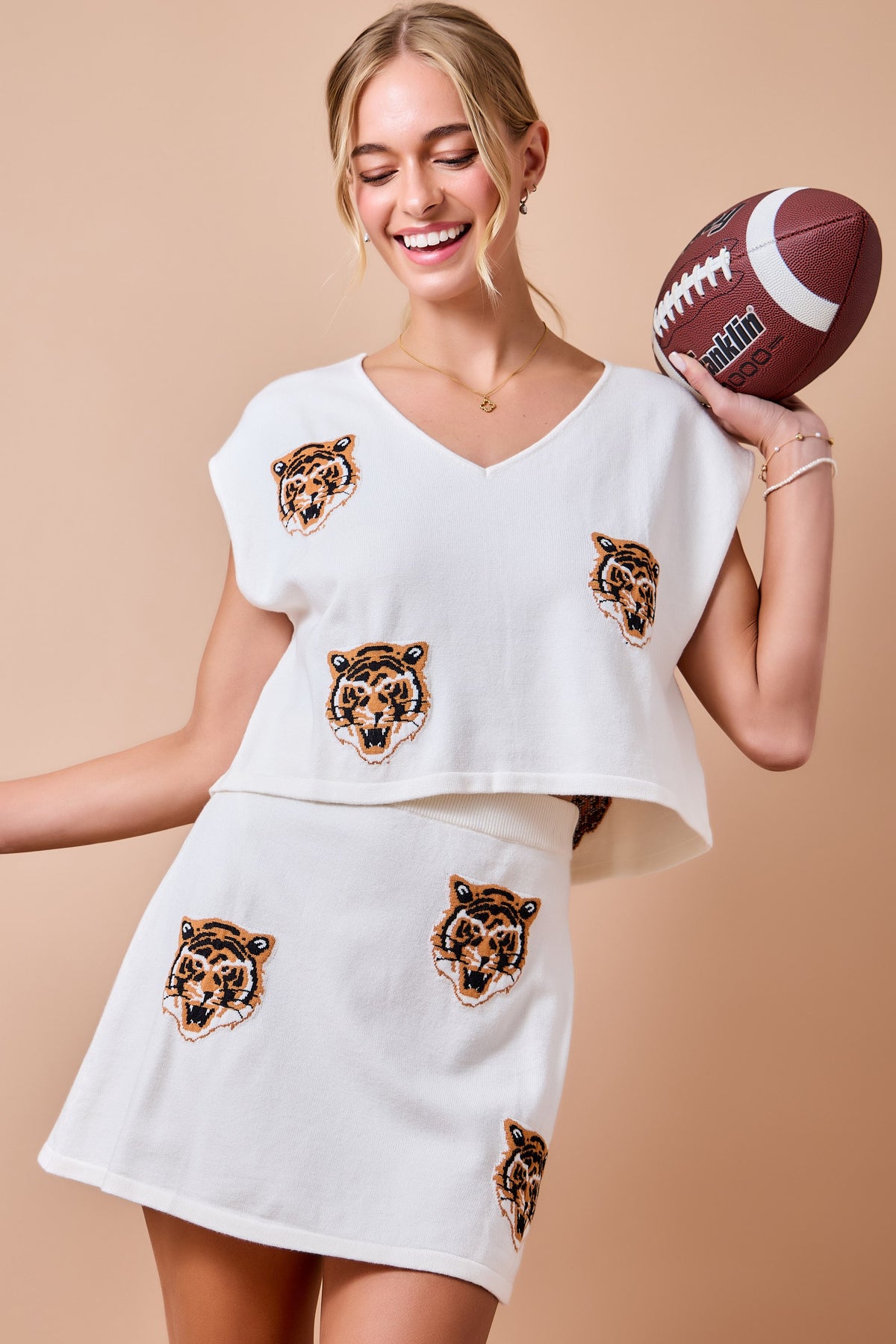 Game Day V-neck Sweater Top & Matching Skirt Set - Ivory