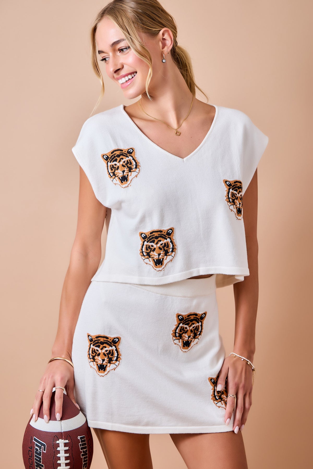 Game Day V-neck Sweater Top & Matching Skirt Set - Ivory