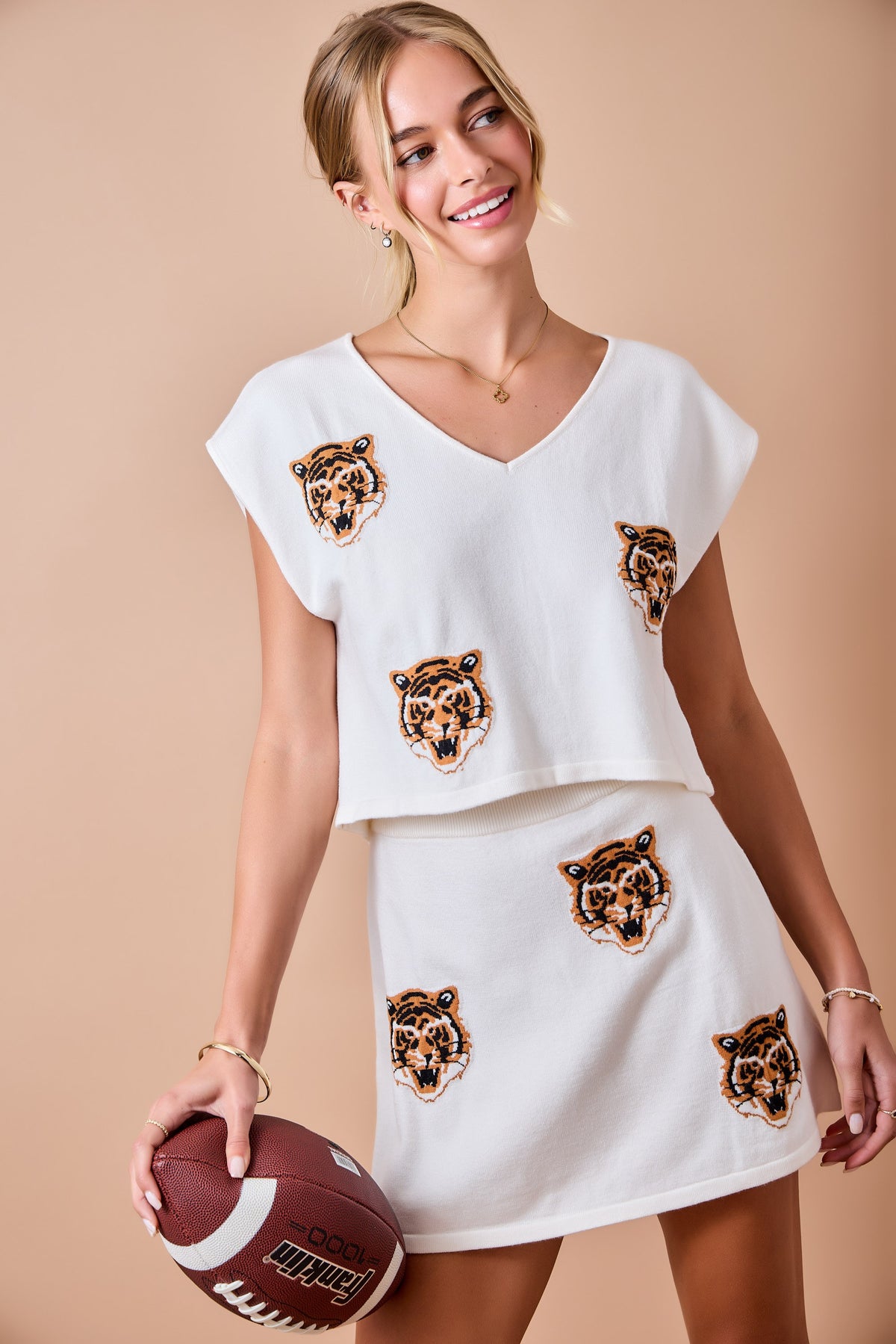 Game Day V-neck Sweater Top & Matching Skirt Set - Ivory