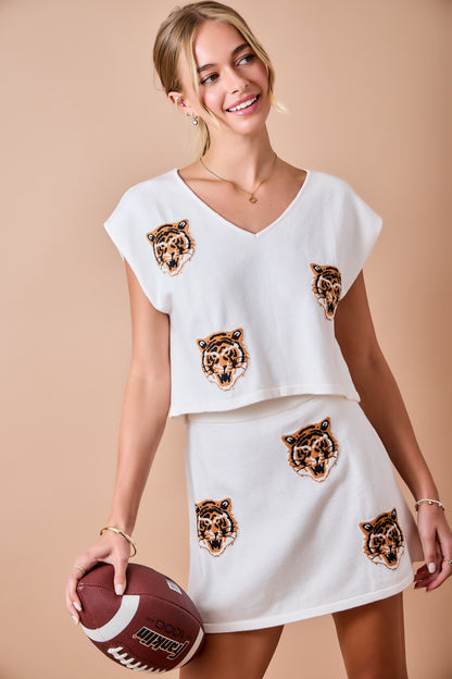 Game Day V-neck Sweater Top & Matching Skirt Set - Ivory