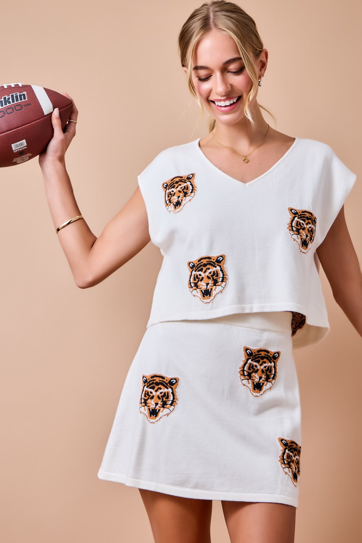Game Day V-neck Sweater Top & Matching Skirt Set - Ivory