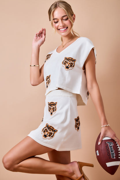 Game Day V-neck Sweater Top & Matching Skirt Set - Ivory