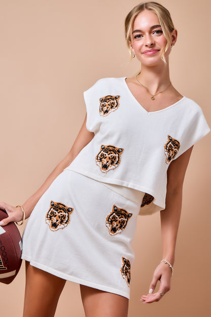 Game Day V-neck Sweater Top & Matching Skirt Set - Ivory
