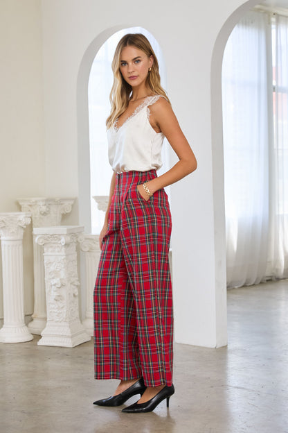 Tartan Plaid High Waisted Wide Leg Trousers - Red