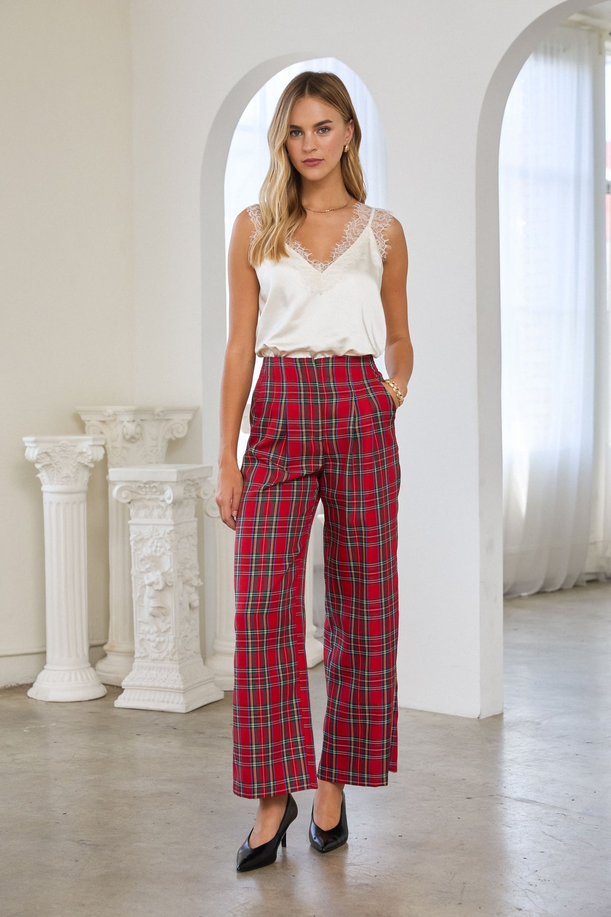 Tartan Plaid High Waisted Wide Leg Trousers - Red