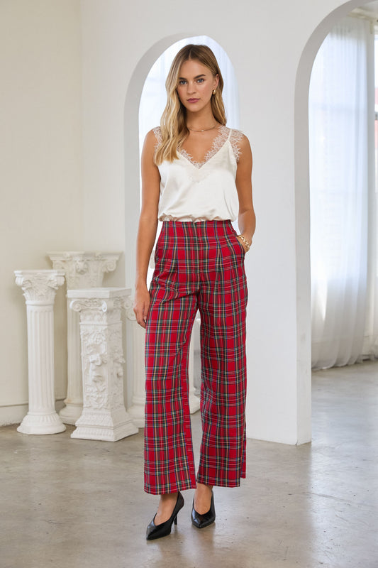Tartan Plaid High Waisted Wide Leg Trousers - Red