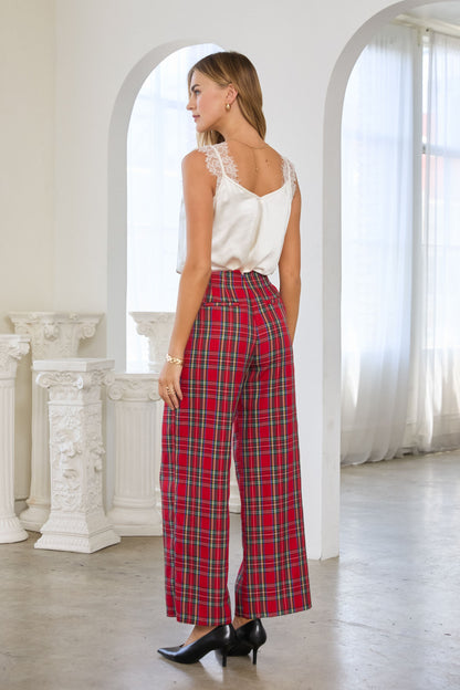 Tartan Plaid High Waisted Wide Leg Trousers - Red